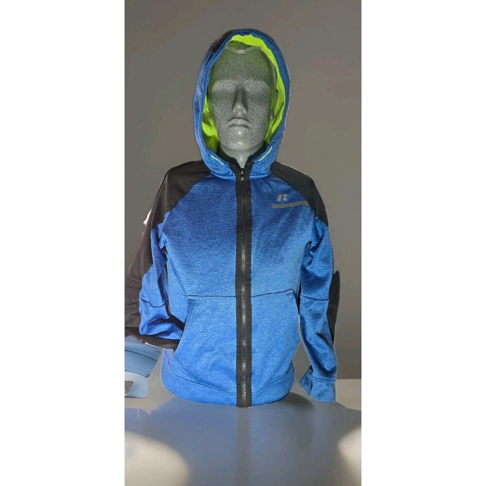 Russell-- Size M - Zip Up- Reflective, Blue and black Jacket With Elbow patch